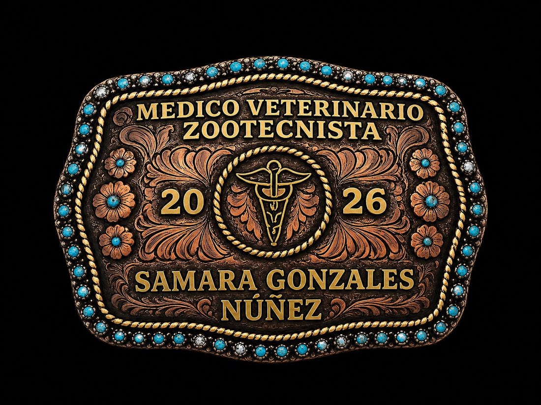 Hebilla personalizada estilo western de plata, cobre y bronce.